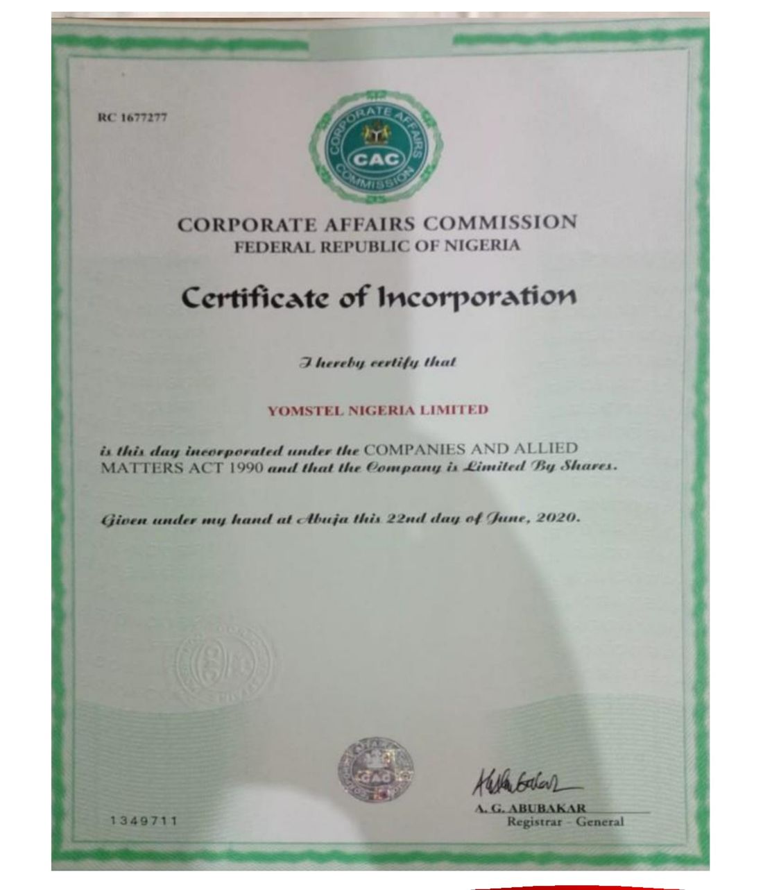 Certificate of Incorporation, RC 1677277